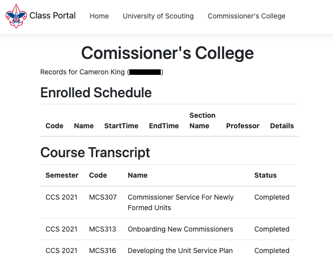 University of Scouting Class Portal screenshot
